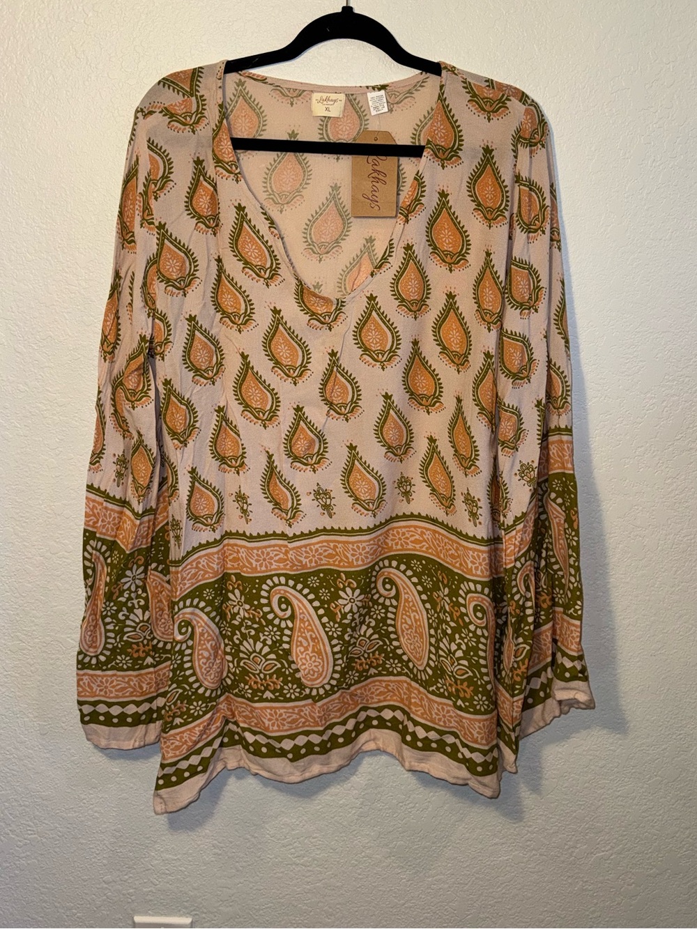 LAKHAYS Los Angeles Orange Pasiley Bell Sleeve Boho Tunic Top NEW Size XL